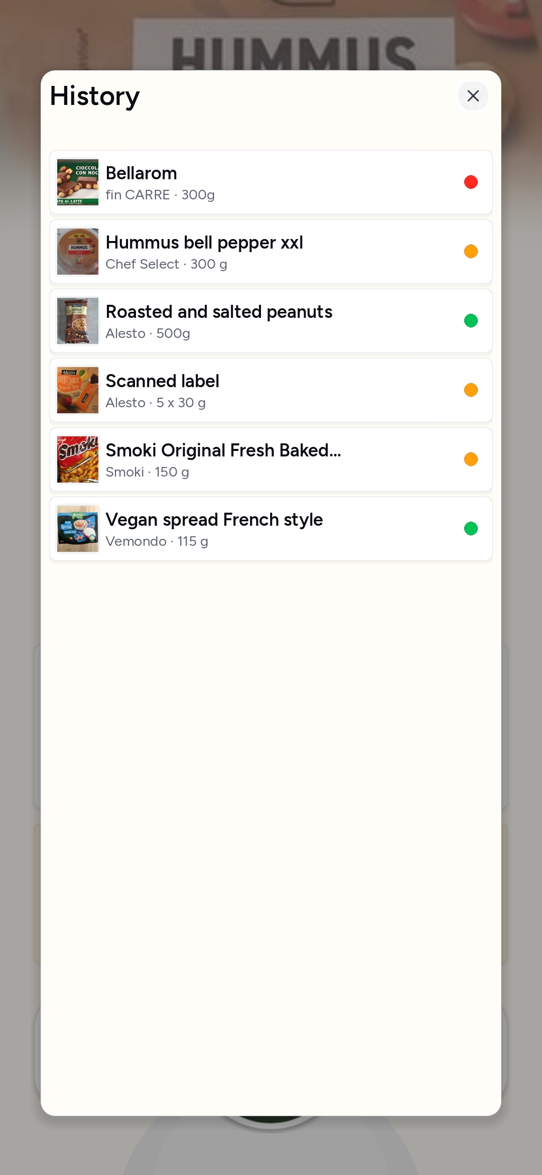 BiteOrNot history modal with saved product checks and result markers.