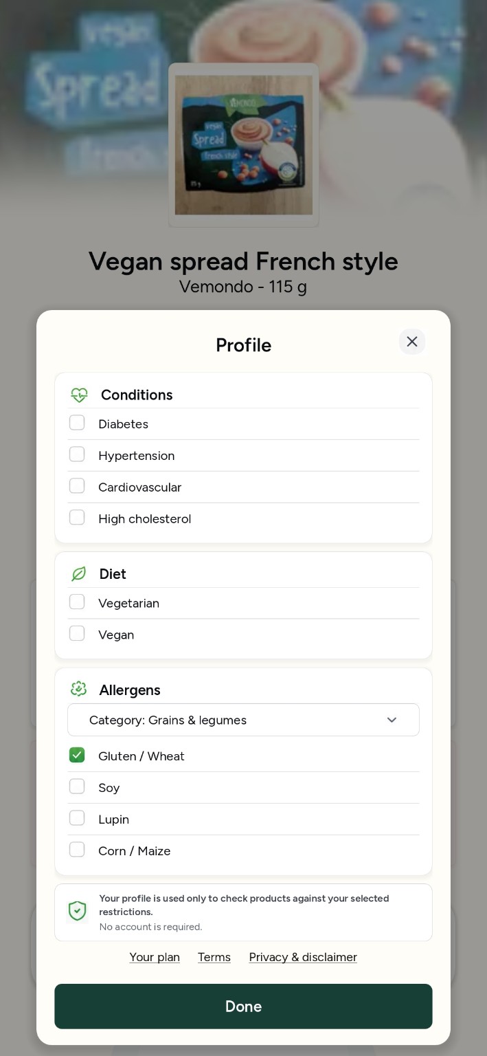 BiteOrNot profile modal with conditions, diet, and allergen restrictions.