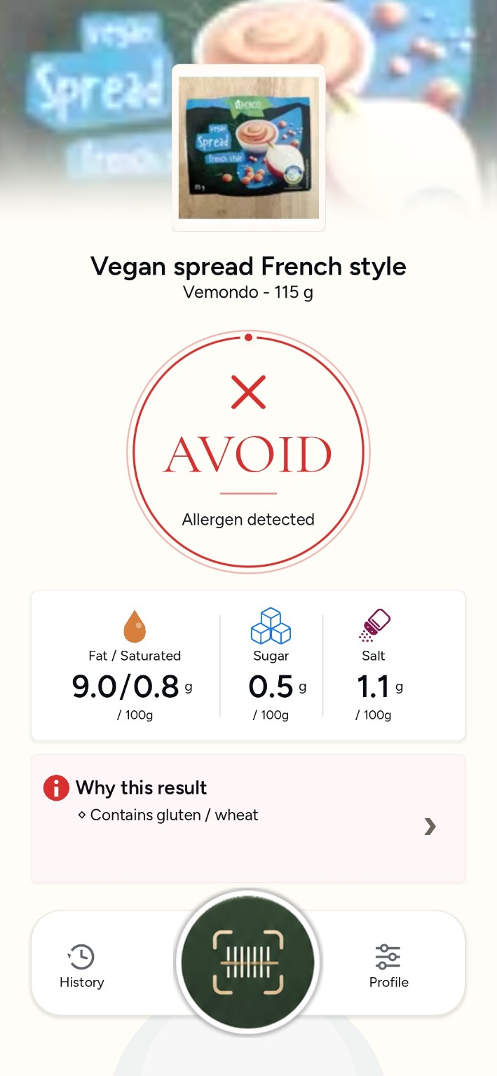 BiteOrNot AVOID result screen showing an allergen conflict.
