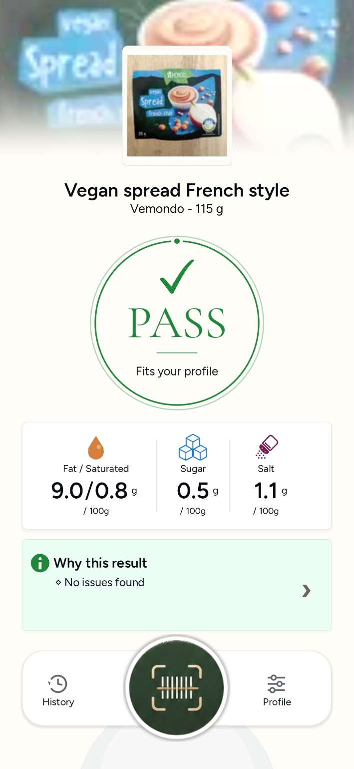 BiteOrNot PASS result screen for Vegan spread French style.